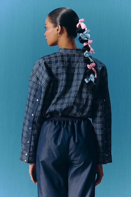 Shop_Pooja Rajgarhia Gupta_Blue Denim Embroidery Collared Starlet Shirt _at_Aza_Fashions