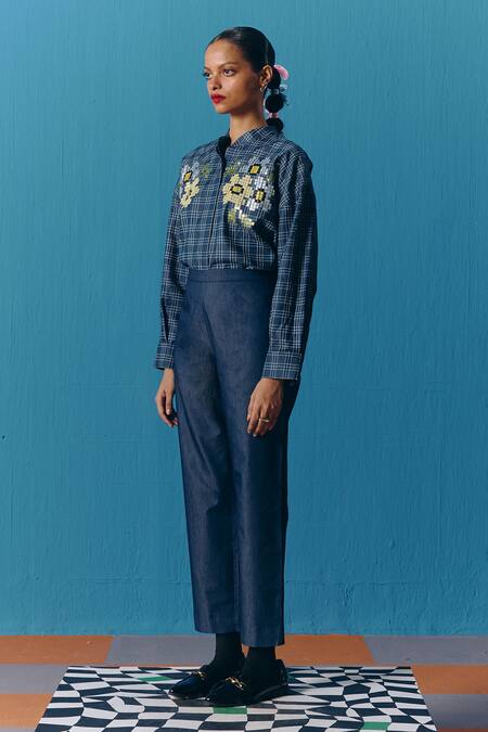 Pooja Rajgarhia Gupta_Blue Denim Embroidery Collared Starlet Shirt _Online_at_Aza_Fashions