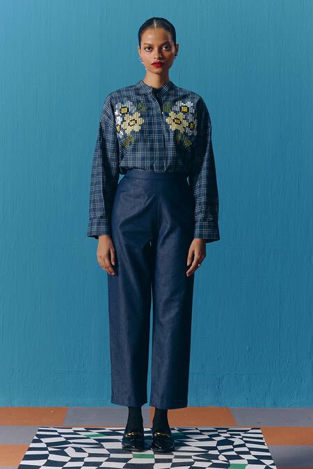 Buy_Pooja Rajgarhia Gupta_Blue Denim Embroidery Collared Starlet Shirt _Online_at_Aza_Fashions