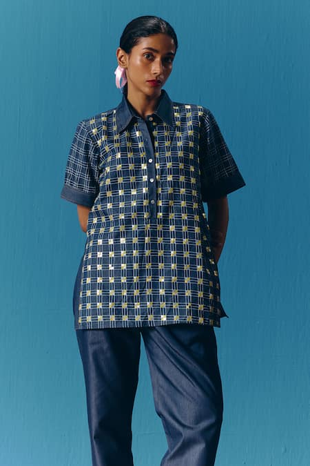 Pooja Rajgarhia Gupta Blue Denim Chequered Sequins Collared Neck Hand Embroidered Shirt 