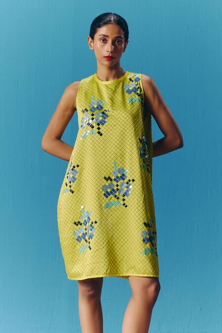 Pooja Rajgarhia Gupta Green Silk Satin Sequins Round Neck Embroidered Dress Online at Aza Fashions Pooja Rajgarhia Gupta_Green Silk Satin Sequins Round Neck Embroidered Dress _Online_at_Aza_Fashions