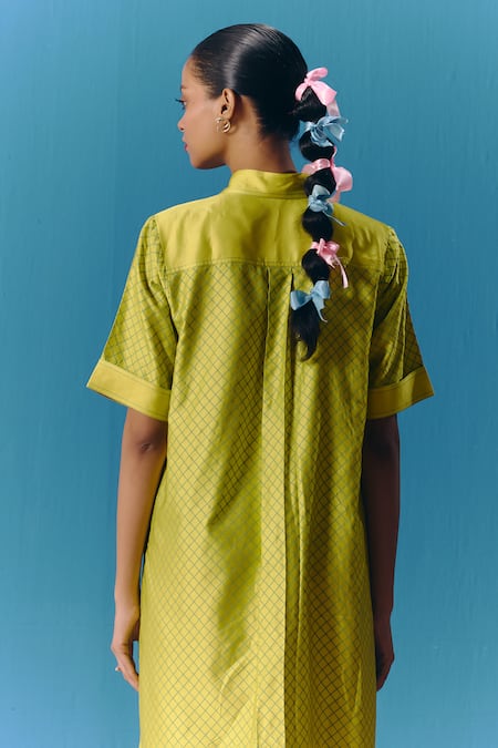 Shop_Pooja Rajgarhia Gupta_Green Silk Satin Sequins Collared Embroidered Shirt Dress _at_Aza_Fashions