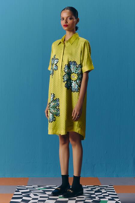 Pooja Rajgarhia Gupta_Green Silk Satin Sequins Collared Embroidered Shirt Dress _Online_at_Aza_Fashions