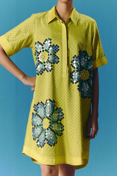 Buy_Pooja Rajgarhia Gupta_Green Silk Satin Sequins Collared Embroidered Shirt Dress _Online_at_Aza_Fashions