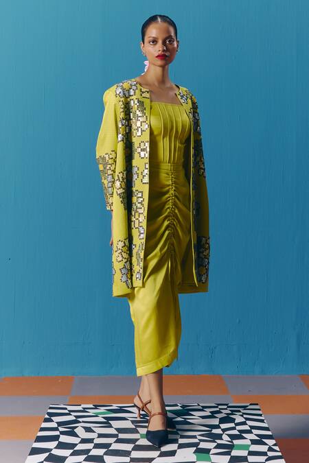 Shop_Pooja Rajgarhia Gupta_Green Silk Satin Gathered Skirt _at_Aza_Fashions