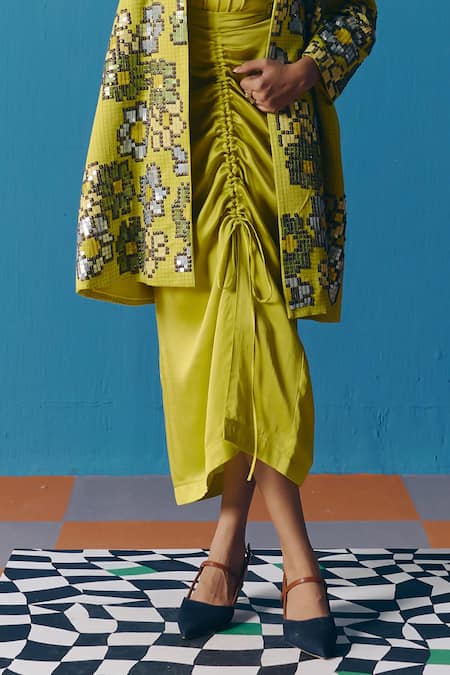Pooja Rajgarhia Gupta_Green Silk Satin Gathered Skirt _Online_at_Aza_Fashions