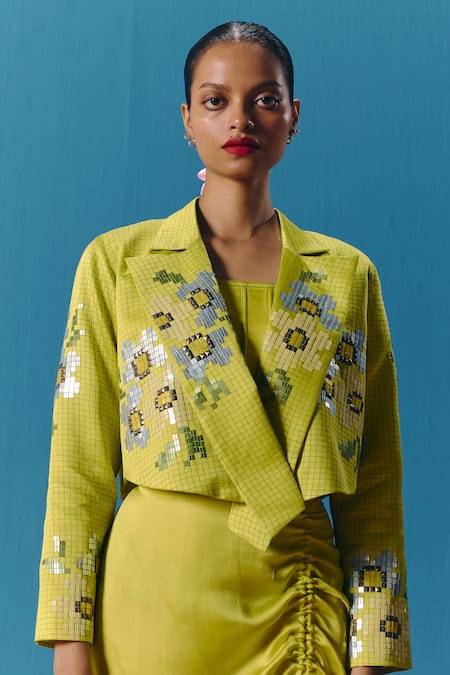 Pooja Rajgarhia Gupta Green Silk Satin Chequered Floral Sequins Lapel Collar Nebula Embroidered Jacket 