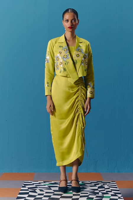 Shop Pooja Rajgarhia Gupta Green Silk Satin Sequins Collared Nebula Embroidered Jacket at Aza Fashions Shop_Pooja Rajgarhia Gupta_Green Silk Satin Sequins Collared Nebula Embroidered Jacket _at_Aza_Fashions