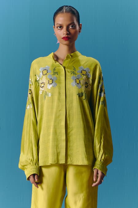 Pooja Rajgarhia Gupta Green Silk Satin Embroidered Sequin Mandarin Collar Astral Kimono Shirt 