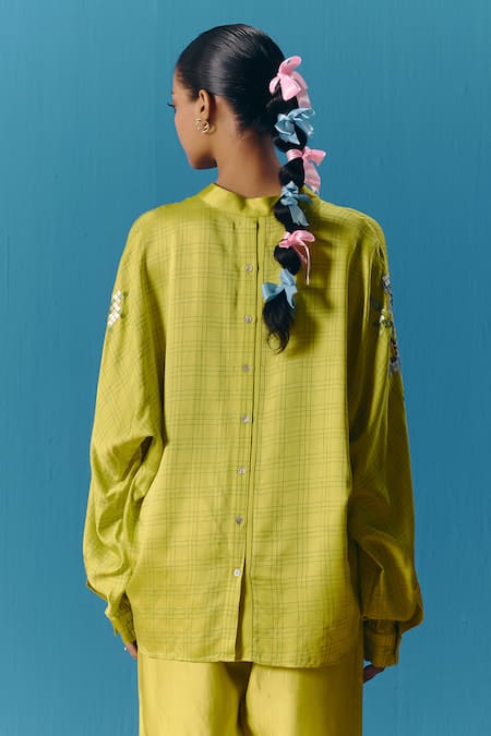 Shop_Pooja Rajgarhia Gupta_Green Silk Satin Sequins Mandarin Collar Astral Kimono Embroidered Shirt _at_Aza_Fashions