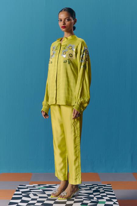 Pooja Rajgarhia Gupta_Green Silk Satin Sequins Mandarin Collar Astral Kimono Embroidered Shirt _Online_at_Aza_Fashions
