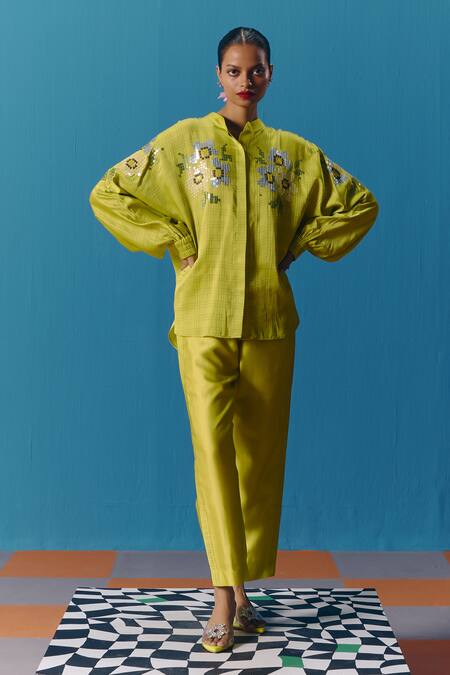 Buy_Pooja Rajgarhia Gupta_Green Silk Satin Sequins Mandarin Collar Astral Kimono Embroidered Shirt _Online_at_Aza_Fashions