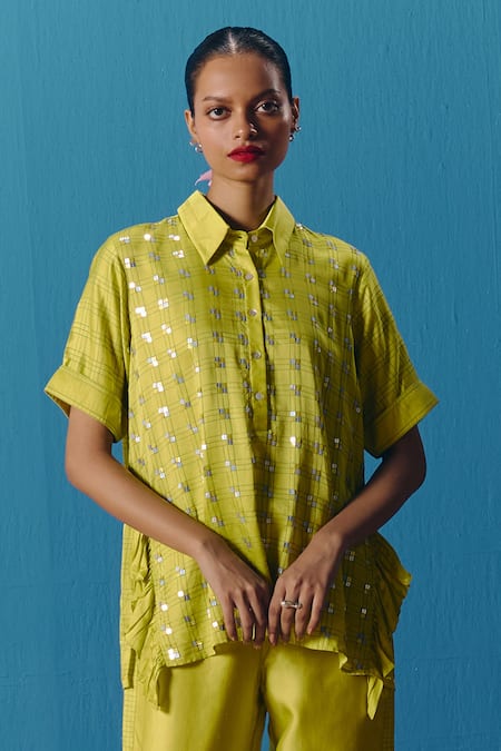 Pooja Rajgarhia Gupta Checkered Pattern Sequin Embroidered Shirt 