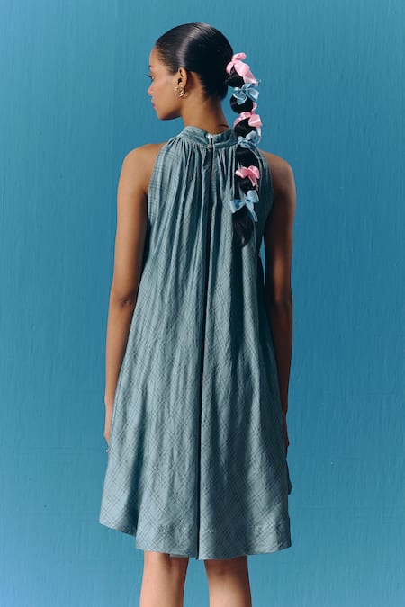 Shop Pooja Rajgarhia Gupta Blue Silk Satin Sequins Halter Neck Celestial Dress at Aza Fashions Shop_Pooja Rajgarhia Gupta_Blue Silk Satin Sequins Halter Neck Celestial Dress _at_Aza_Fashions