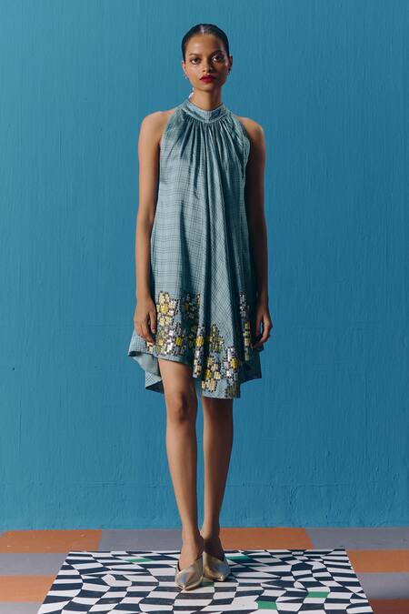 Pooja Rajgarhia Gupta Blue Silk Satin Sequins Halter Neck Celestial Dress Online at Aza Fashions Pooja Rajgarhia Gupta_Blue Silk Satin Sequins Halter Neck Celestial Dress _Online_at_Aza_Fashions