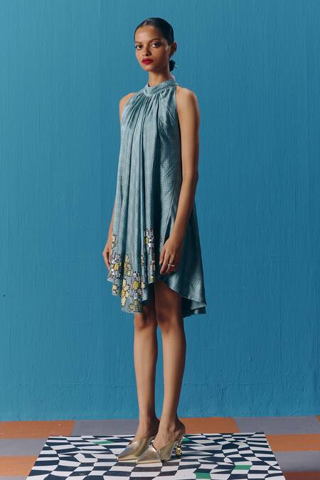 Buy Pooja Rajgarhia Gupta Blue Silk Satin Sequins Halter Neck Celestial Dress Online at Aza Fashions Buy_Pooja Rajgarhia Gupta_Blue Silk Satin Sequins Halter Neck Celestial Dress _Online_at_Aza_Fashions