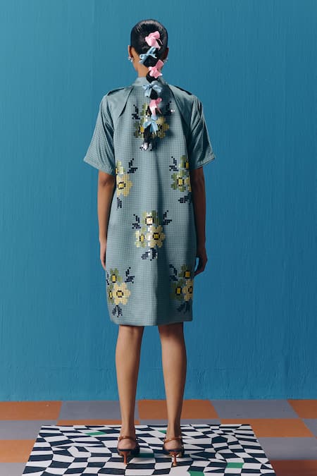 Shop Pooja Rajgarhia Gupta Blue Silk Satin Sequins Collared Starlet Sky Jacket Dress at Aza Fashions Shop_Pooja Rajgarhia Gupta_Blue Silk Satin Sequins Collared Starlet Sky Jacket Dress _at_Aza_Fashions