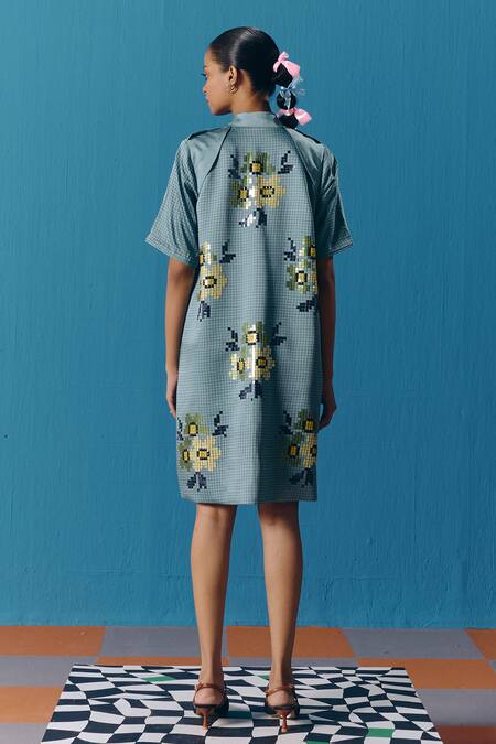 Pooja Rajgarhia Gupta Blue Silk Satin Sequins Collared Starlet Sky Jacket Dress Online at Aza Fashions Pooja Rajgarhia Gupta_Blue Silk Satin Sequins Collared Starlet Sky Jacket Dress _Online_at_Aza_Fashions