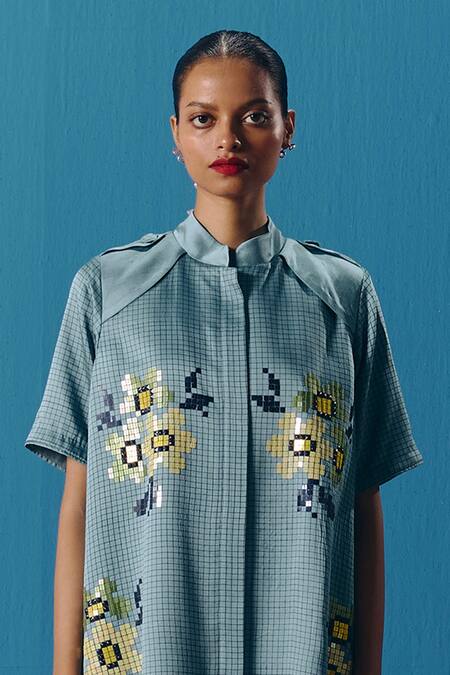 Shop Pooja Rajgarhia Gupta Blue Silk Satin Sequins Collared Starlet Sky Jacket Dress Online at Aza Fashions Shop_Pooja Rajgarhia Gupta_Blue Silk Satin Sequins Collared Starlet Sky Jacket Dress _Online_at_Aza_Fashions