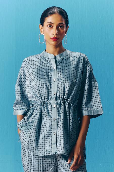 Pooja Rajgarhia Gupta Blue Silk Satin Sequins Mandarin Collar Sky Diamond Pattern Top And Pant Set at Aza Fashions Pooja Rajgarhia Gupta_Blue Silk Satin Sequins Mandarin Collar Sky Diamond Pattern Top And Pant Set _at_Aza_Fashions