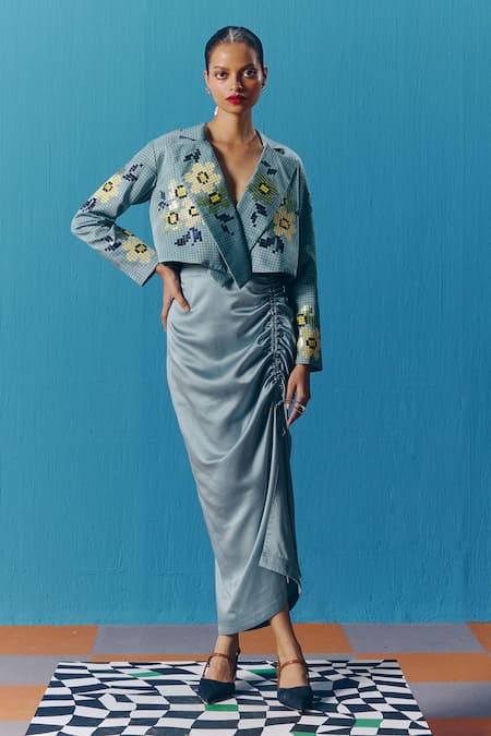 Pooja Rajgarhia Gupta Blue Silk Satin Embroidered Sequin Lapel Nebula Sky Floral Cropped Jacket 