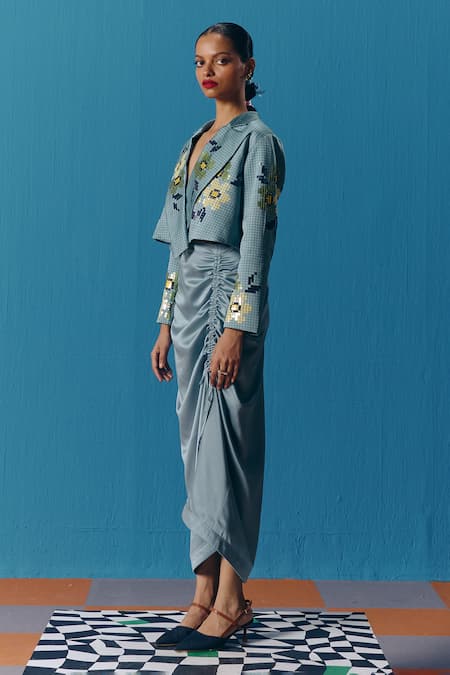 Shop_Pooja Rajgarhia Gupta_Blue Silk Satin Sky Gathered Skirt _at_Aza_Fashions