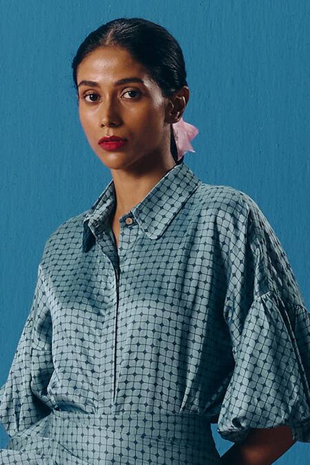 Buy Pooja Rajgarhia Gupta Blue Silk Satin Collared Diamond Geometric Pattern Shirt Online at Aza Fashions Buy_Pooja Rajgarhia Gupta_Blue Silk Satin Collared Diamond Geometric Pattern Shirt _Online_at_Aza_Fashions
