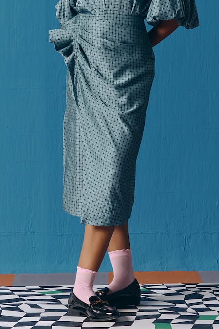 Shop Pooja Rajgarhia Gupta Blue Silk Satin Pleated Skirt at Aza Fashions Shop_Pooja Rajgarhia Gupta_Blue Silk Satin Pleated Skirt _at_Aza_Fashions