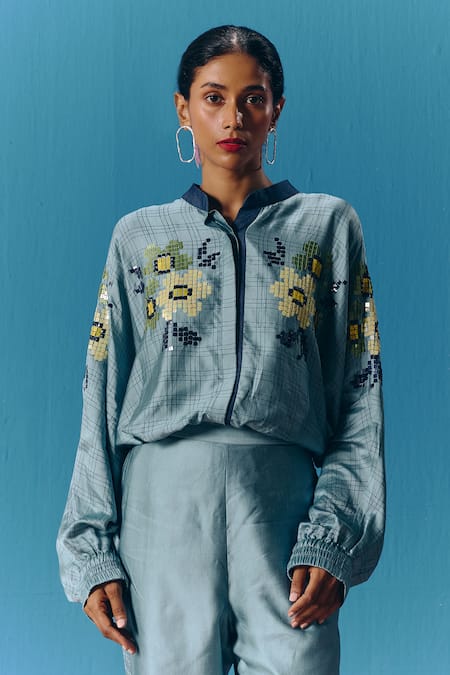 Pooja Rajgarhia Gupta Blue Silk Satin Embroidered Sequin Mandarin Collar Sky Astral Kimono Shirt 