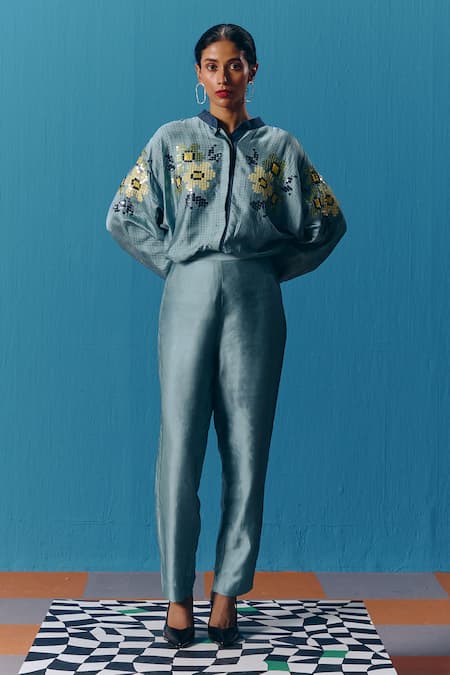 Pooja Rajgarhia Gupta_Blue Silk Satin Sequins Mandarin Collar Sky Astral Kimono Shirt _Online_at_Aza_Fashions