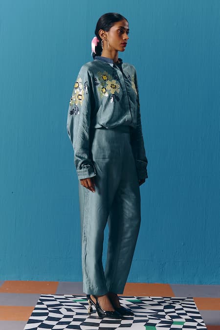 Buy_Pooja Rajgarhia Gupta_Blue Silk Satin Sequins Mandarin Collar Sky Astral Kimono Shirt _Online_at_Aza_Fashions