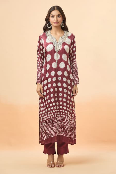Divya Kanakia Purple Modal, Satin Sequins, Beads Split V-neck Bandhani Woven Kurta And Pant Set Online at Aza Fashions Divya Kanakia_Purple Modal, Satin Sequins, Beads Split V-neck Bandhani Woven Kurta And Pant Set _Online_at_Aza_Fashions