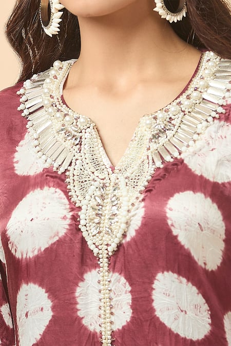 Buy Divya Kanakia Purple Modal, Satin Sequins, Beads Split V-neck Bandhani Woven Kurta And Pant Set Buy_Divya Kanakia_Purple Modal, Satin Sequins, Beads Split V-neck Bandhani Woven Kurta And Pant Set