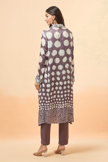 Shop Divya Kanakia Purple Modal, Satin Sequins, Beads Collared Bandhej Woven Shirt Kurta And Pant Set at Aza Fashions Shop_Divya Kanakia_Purple Modal, Satin Sequins, Beads Collared Bandhej Woven Shirt Kurta And Pant Set _at_Aza_Fashions