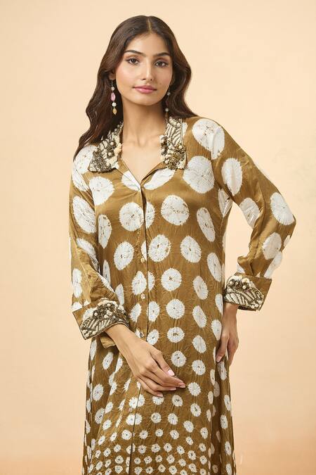 Divya Kanakia Green Modal, Satin Sequins, Beads Collared Bandhani Woven Shirt Kurta And Pant Set Online at Aza Fashions Divya Kanakia_Green Modal, Satin Sequins, Beads Collared Bandhani Woven Shirt Kurta And Pant Set _Online_at_Aza_Fashions