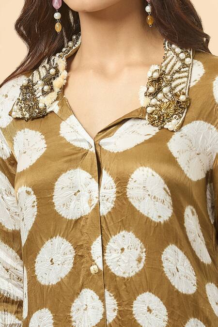 Buy Divya Kanakia Green Modal, Satin Sequins, Beads Collared Bandhani Woven Shirt Kurta And Pant Set Online at Aza Fashions Buy_Divya Kanakia_Green Modal, Satin Sequins, Beads Collared Bandhani Woven Shirt Kurta And Pant Set _Online_at_Aza_Fashions