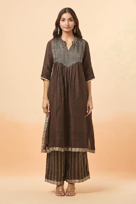 Divya Kanakia_Brown Linen Mandarin Collar Stripe Woven Kurta And Flared Pant Set _Online_at_Aza_Fashions