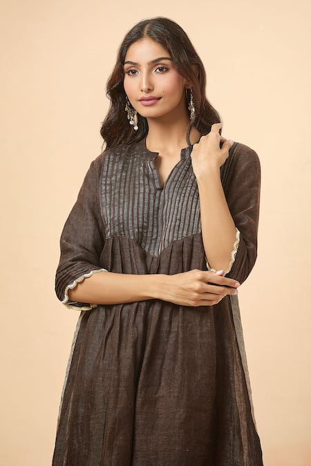 Buy_Divya Kanakia_Brown Linen Mandarin Collar Stripe Woven Kurta And Flared Pant Set _Online_at_Aza_Fashions
