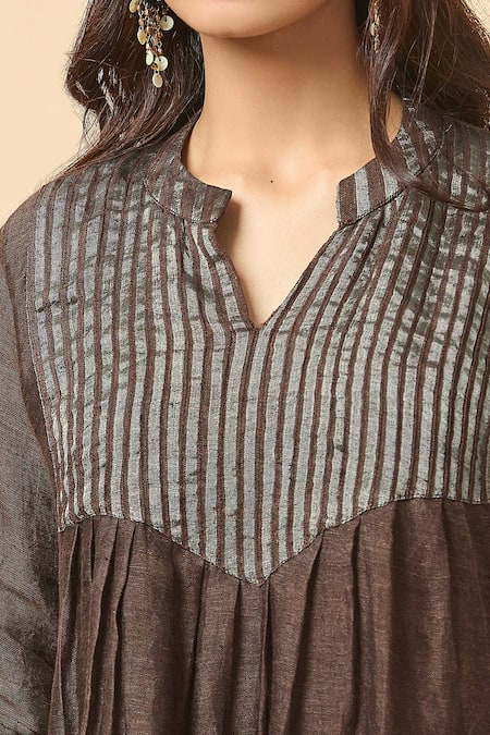 Shop_Divya Kanakia_Brown Linen Mandarin Collar Stripe Woven Kurta And Flared Pant Set _Online_at_Aza_Fashions