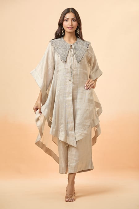 Divya Kanakia Silver Pure Linen Tissue Embroidery Zardozi V Neck Asymmetric Kaftan And Pant Set 