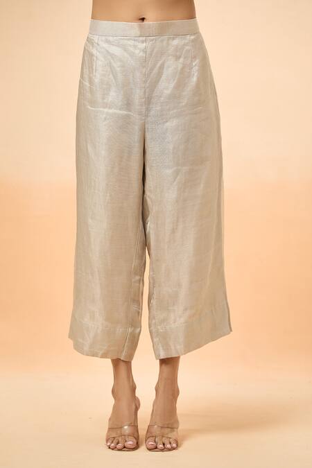 Divya Kanakia_Silver Linen Beads, Zari, Tassels V-neck Asymmetric Kaftan And Pant Set _Online_at_Aza_Fashions