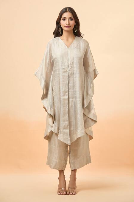 Buy_Divya Kanakia_Silver Linen Beads, Zari, Tassels V-neck Asymmetric Kaftan And Pant Set _Online_at_Aza_Fashions
