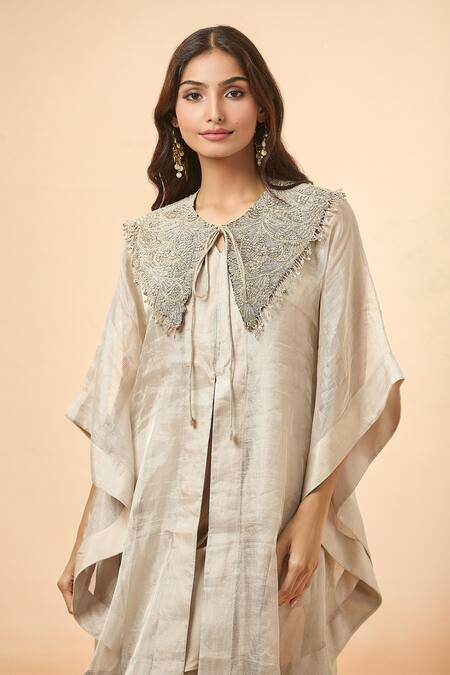 Shop_Divya Kanakia_Silver Linen Beads, Zari, Tassels V-neck Asymmetric Kaftan And Pant Set _Online_at_Aza_Fashions
