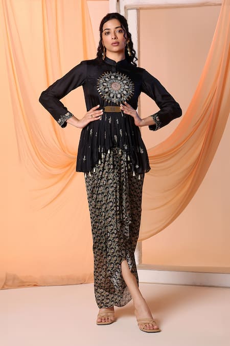 Soup by Sougat Paul Black Malaysian Silk Embroidery Eraya Floral Peplum Top And Draped Skirt Set 