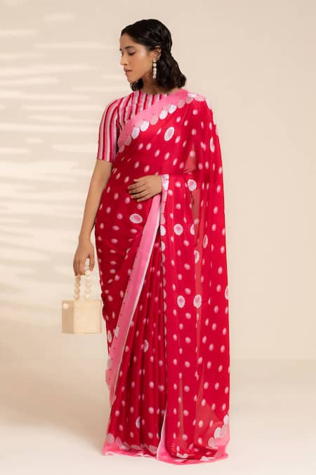Shop Thee Modern Roots Red Satin, Georgette Blooming Lotus Print Saree With Unstitched Blouse Piece Shop_Thee Modern Roots_Red Satin, Georgette Blooming Lotus Print Saree With Unstitched Blouse Piece