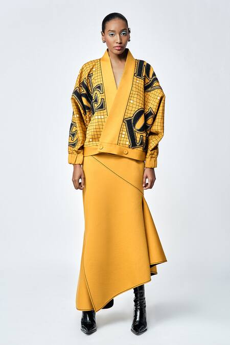 Shahin Mannan_Yellow Jersey Embroidery V-neck Love Checks Kimono Jacket _Online_at_Aza_Fashions
