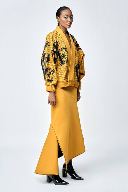 Shop_Shahin Mannan_Yellow Jersey Embroidery V-neck Love Checks Kimono Jacket _Online_at_Aza_Fashions