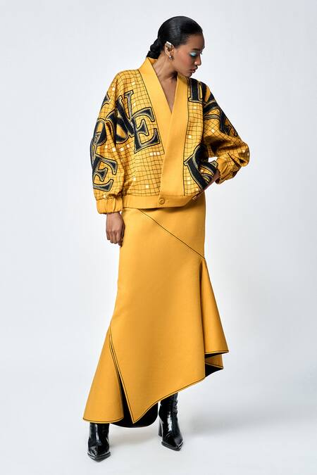 Buy_Shahin Mannan_Yellow Jersey Embroidery V-neck Love Checks Kimono Jacket 