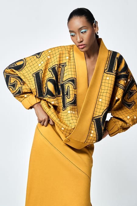 Shahin Mannan Yellow Jersey Embroidered Love V-neck Checks Kimono Jacket 