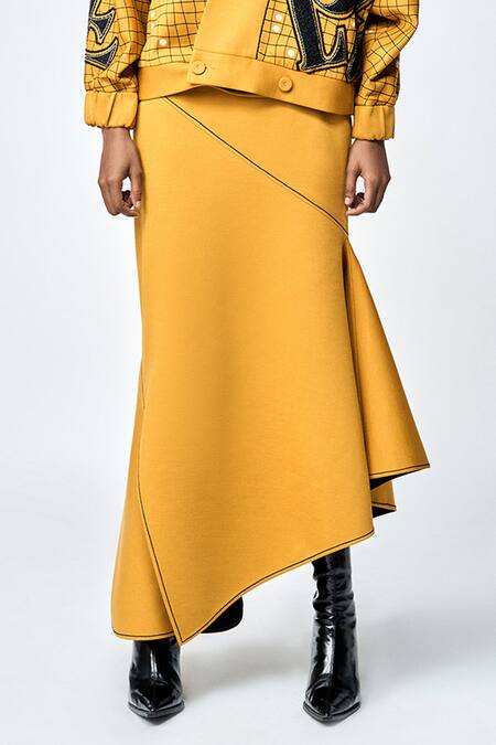Buy_Shahin Mannan_Yellow Jersey Embroidery Kantha Asymmetric Skirt _Online_at_Aza_Fashions